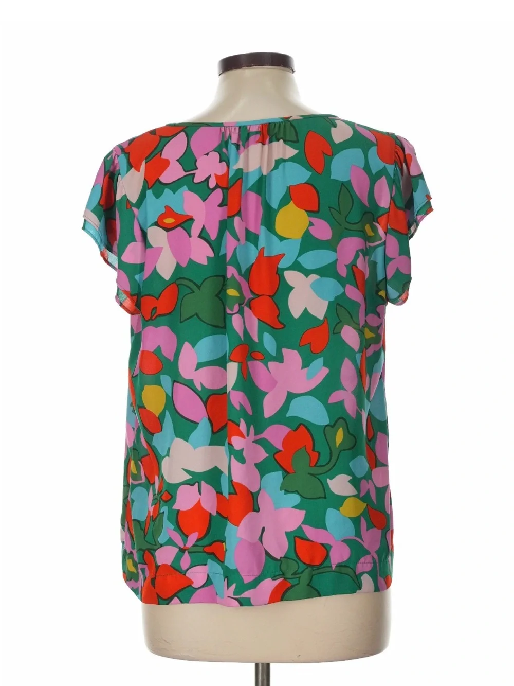 J. Crew Green Multi Floral V-Neck Flutter Sleeve Blouse